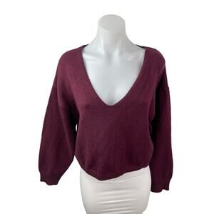 Sunday Stevens Women's Red Maroon V Neck Long Sleeve Cropped Sweater Top Size S